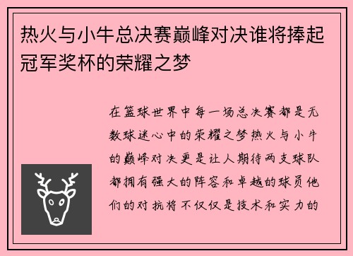 热火与小牛总决赛巅峰对决谁将捧起冠军奖杯的荣耀之梦